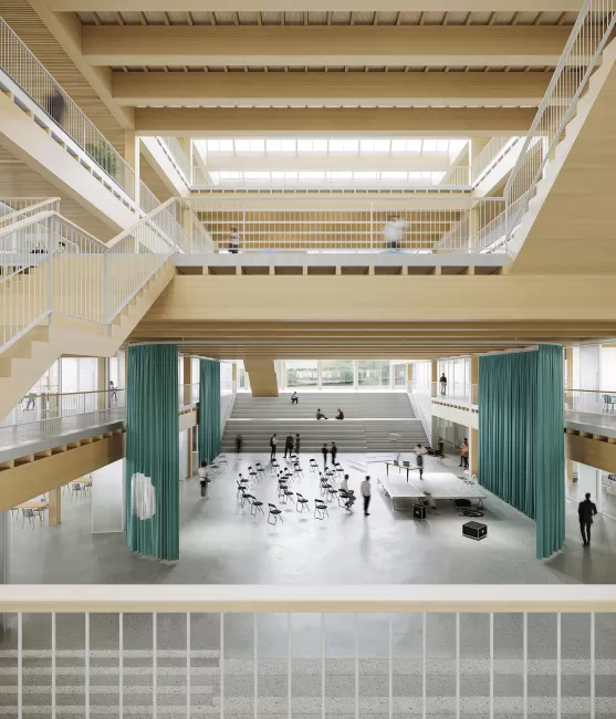 Blick auf den Marktplatz; Marktplatz, Foyer und Forum bilden das kommunikative Zentrum und einen architektonischen Knotenpunkt mit vielseitigen, kombinierbaren Nutzungen. Die offene Treppe dient zugleich als Verbindung und Trib&uuml;ne f&uuml;r formelle und informelle Nutzung., Bild: ethandeclerk