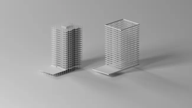 structural model; the reduced spans and 16 cm slabs enable a highly material-efficient structure, reducing embodied carbon by approximately 40%., Image: E2A