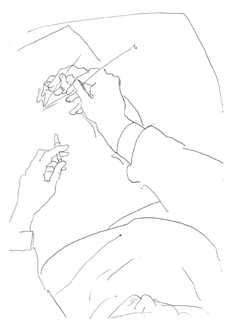 Invitation Card Exhibition Opening: &Aacute;lvaro Siza. Self-portrait sketching, 1980. felt pen on paper, A4 (from: notebook 51, p. 22), &copy; Drawing Matter Collections